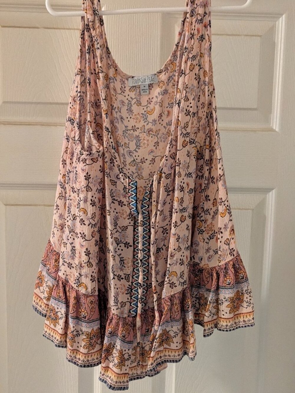 Patrons of Peace Boho Floral Crinkle Gauze Ruffle Tank Top - Size M